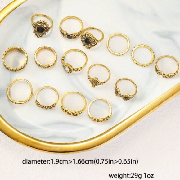 15pcs Vintage Flower & Leaf Gem Ring Set for Women - Picture 3 of 3